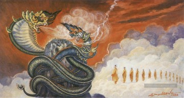 Bouddha modérée le Dragon céleste nandopananda par son desciple Maha moggalana bouddhisme Peinture à l'huile